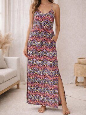 Mahina Boutique Maxi Dress Small Colorful Geometric Print Racerback Boho